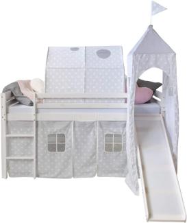 Homestyle4u Spielbett mit Tunnel, Rutsche und Turm, Stern, Kiefernholz grau, 90 x 200 cm