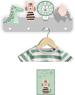 Kindsblick ® Junglefreunde Kindergarderobe in Grau inkl. DIN A4 Poster - Garderobe mit 4 Kleiderhaken für Kinder - Wunderschöne Deko für jedes Kinderzimmer - Maße (38 x 15 x 1 cm)