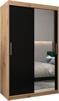 Schwebetürenschrank Tokyo 2-120 cm mit Spiegel Kleiderschrank mit Kleiderstange und Einlegeboden Schlafzimmer- Wohnzimmerschrank Schiebetüren Modern Design (Artisan Eiche + Schwarz)