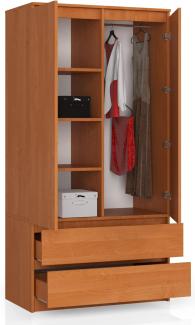 BDW Kleiderschrank 2 Türen, 4 Einlegeböden, Kleiderbügel, 2 Schubladen Kleiderschrank für das Schlafzimmer Wohnzimmer Diele 180x90x51cm (Erle)