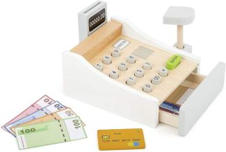 Small Foot 11099 Spielkasse aus Holz, inkl. Scanner, Kartenlesegerät, Spielgeld und Kreditkarten Spielzeug, Mehrfarbig