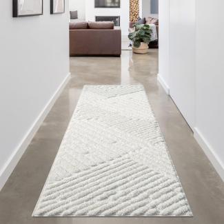 carpet city Teppich Läufer Hochflor Flur - 80x300 cm - Einfarbig Weiß/Creme - Hochtief-Muster/ 3D-Effekt Streifen - Shaggy Teppiche Wohnzimmer, Schlafzimmer Boho, Scandi
