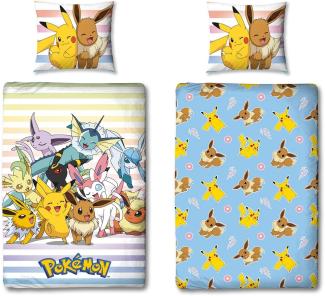 Pokemon Bettwäsche für Kinder 135x200 80x80 cm buntes Motiv mit Pikachu & Friends aus 100% Baumwolle