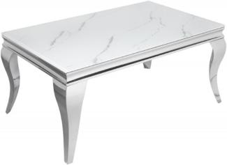 Casa Padrino Designer Couchtisch Weiß / Grau / Silber 100 x 60 x H. 45 cm - Rechteckiger Edelstahl Wohnzimmertisch mit digitalbedrucktem Sicherheitsglas in Marmoroptik - Moderne Barock Möbel