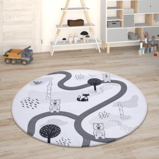 Paco Home Kinderteppich Teppich Kinderzimmer Spielmatte Straßenteppich Spielteppich, Grösse:150 cm Rund, Farbe:Weiß