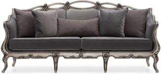 Casa Padrino Luxus Barock Wohnzimmer Sofa Grau / Silber - Handgefertigtes Barockstil Sofa mit dekorativen Kissen - Luxus Wohnzimmer Möbel im Barockstil - Barock Möbel - Edel & Prunkvoll