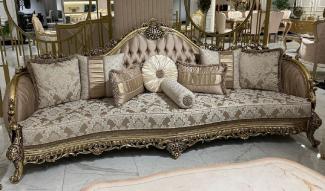 Casa Padrino Luxus Barock Sofa Braun / Weiß / Gold - Handgefertigtes Wohnzimmer Sofa mit elegantem Muster und dekorativen Kissen - Prunkvolle Wohnzimmer Möbel im Barockstil