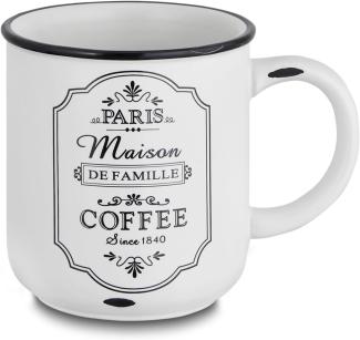 for friends Kaffeetasse für ca. 300ml Kaffee, Paris Line in Schwarz & Weiß mit Aufdruck COFFE, Tasse mit Henkel Vintage im Shabby Look, aus Keramik Steingut