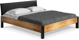 Möbel-Eins CURBY Bett Metallfuß, mit Polsterkopfteil, Material Massivholz, rustikale Altholzoptik, Fichte vintage 120 x 220 cm Kunstleder Schwarz ohne Steppung
