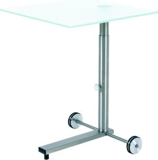 Ebinger Couch- und Beistelltisch in Edelstahl höhenverstellbar und fahrbar 450x450 mm Satinierter ESG-Sicherheitsglasplatte Tischhöhe max. 650 mm P739. 35. 6