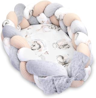 Babynest Neugeborene Nestchen Baby 75 x 45 cm – Minky Kuschelnest mit Zopf Kissen zerlegbares Set zweiseitig Babynestchen Babybett Elefant Farbton B