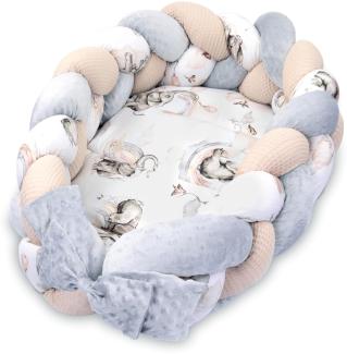 Babynest Neugeborene Nestchen Baby 75 x 45 cm – Minky Kuschelnest mit Zopf Kissen zerlegbares Set zweiseitig Babynestchen Babybett Elefant Farbton B