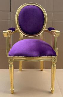 Casa Padrino Luxus Barock Esszimmer Stuhl Lila / Gold - Handgefertigter Antik Stil Stuhl mit Armlehnen und edlem Samtstoff - Esszimmer Möbel im Barockstil