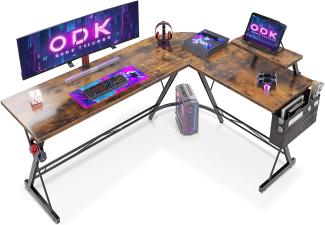 ODK Gaming Tisch, Computertisch, Gaming Schreibtisch mit runder Ecke, Gaming-Tisch mit Monitorablage (Weinlese, 167 x 120 cm)