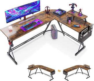 ODK Gaming Tisch, Computertisch, Gaming Schreibtisch mit runder Ecke, Gaming-Tisch mit Monitorablage (Weinlese, 167 x 120 cm)