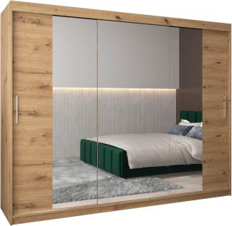 Kryspol Schwebetürenschrank Tokyo 2-250 cm mit Spiegel Kleiderschrank mit Kleiderstange und Einlegeboden Schlafzimmer- Wohnzimmerschrank Schiebetüren Modern Design (Artisan Eiche)