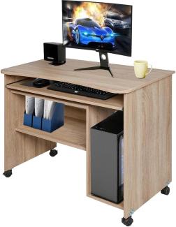 BAKAJI Schreibtisch mit Tastaturablage und Ablage aus Holz mit Rollen Eiche, Unica