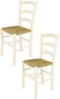 Tommychairs - 2er Set Stühle Venice für Küche und Esszimmer, robuste Struktur aus lackiertem Buchenholz in Anilinfarbe Weiss und Sitzfläche aus Stroh