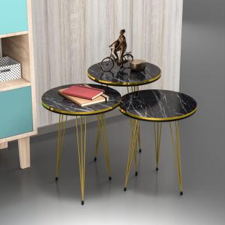 [en. casa] Beistelltisch-Set Ry Satztisch 3er Set Schwarze Marmor-Optik Abstelltisch mit runder Tischplatte Hairpinlegs aus Metall Goldfarben Wohnzimmertisch