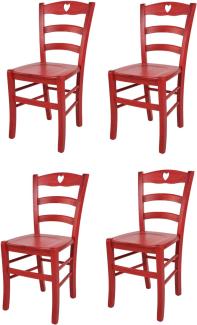 Tommychairs - 4er Set Stühle Cuore für Küche und Esszimmer, Robuste Struktur aus Buchenholz, in Anilinfarbe Rot lackiert und Sitzfläche aus Holz