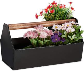 Relaxdays - Blumenkasten, Holzgriff, Blumen, Pflanzen & Kräuter, Deko Werkzeugkasten, Eisen, HBT 20 x 36 x 20 cm, schwarz