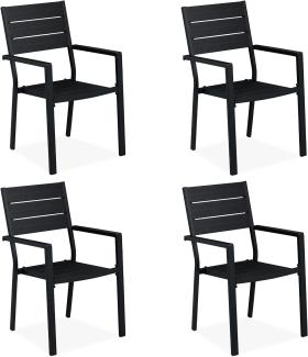 Relaxdays Gartenstuhl 4er Set, HBT 90 x 53,5 x 59 cm, Balkonstühle m. Armlehnen, Metall, Moderne Terrassenmöbel, schwarz