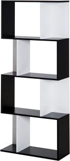 HOMCOM Bücherregal S-förmiges Standregal Lagerregal 4-stufige Vitrine mit Hardware-Schnalle moderner Raumteiler Spanplatte Schwarz+Weiß 60 x 24 x 148 cm