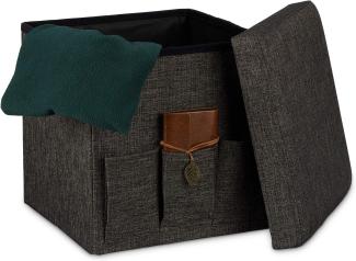 Relaxdays Faltbarer Sitzhocker 38 x 38 x 38 cm stabiler Sitzcube mit 3 Seitentaschen Sitzwürfel aus Leinen Sitzbank als Aufbewahrungsbox mit Stauraum und Deckel zum Abnehmen für Wohnraum, braun