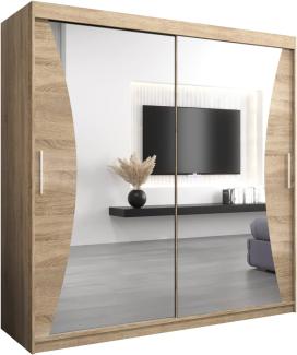 Kryspol Schwebetürenschrank Monaco 200 cm mit Spiegel Kleiderschrank mit Kleiderstange und Einlegeboden Schlafzimmer- Wohnzimmerschrank Schiebetüren Modern Design (Sonoma)