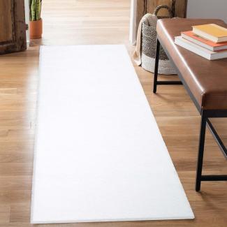 carpet city Shaggy Hochflor Teppich - Läufer 80x300 cm - Weiß - Langflor Flurteppich - Einfarbig Uni Modern - Flauschig-Weiche Teppiche Schlafzimmer Deko
