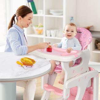 3 in 1 Hochstuhl Kinderhochstuhl Babystuhl 3 Höhenverstellbar Verstellbare Rückenlehne Abnehmbares Sitzkissen und Doppeltes Tablett 5-Punkt-Sicherheitsgurt​Mitwachsend ab 6 Monate bis 6 Jahre (Rosa)