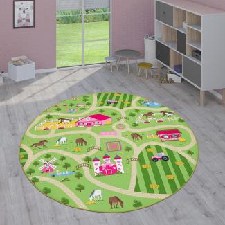 Paco Home Kinderteppich Teppich Kinderzimmer Spielteppich Junge Mädchen Modern rutschfest, Grösse:160 cm Rund, Farbe:Grün