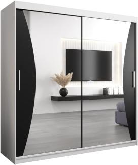 Kryspol Schwebetürenschrank Monaco 200 cm mit Spiegel Kleiderschrank mit Kleiderstange und Einlegeboden Schlafzimmer- Wohnzimmerschrank Schiebetüren Modern Design (Weiß + Schwarz)