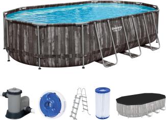 Power Steel™ Frame Pool Komplett-Set mit Filterpumpe 610 x 366 x 122 cm , Holz-Optik (Mooreiche), oval