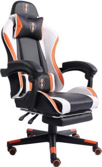 Gaming Chair im Racing-Design mit flexiblen gepolsterten Armlehnen - ergonomischer PC Gaming Stuhl in Lederoptik - Gaming Schreibtischstuhl mit ausziehbarer Fußstütze und extra Stützkissen Schwarz/Weiß-Orange