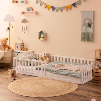 Alcube® Maxi Bodenbett 80x160 mit Rausfallschutz und Rolllattenrost - Montessori Kinderbett 90x200 für Jungen & Mädchen - Kinder Bett aus Kiefernholz für Kinderzimmer - Bett in Weiß