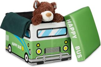 Relaxdays Faltbare Spielzeugkiste Happy Bus HBT 32 x 48 x 32 cm stabiler Kinder Sitzhocker als praktische Spielzeugbox Kunstleder mit Stauraum ca. 37 l und Deckel zum Abnehmen für Kinderzimmer, grün