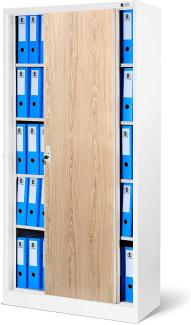 Aktenschrank Büroschrank mit Schiebetüren Metall 4 Fachböden Pulverbeschichtung Abschließbar 185 cm x 90 cm x 40 cm (Weiß/Holzoptik)