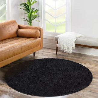 carpet city Shaggy Hochflor Teppich - Rund 160 cm - Schwarz - Langflor Wohnzimmerteppich - Einfarbig Uni Modern - Flauschig-Weiche Teppiche Schlafzimmer Deko