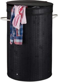 Relaxdays Wäschekorb Bambus, runder Wäschesammler mit Klappdeckel, 65 l, faltbare Wäschetonne, rund Ø 40 cm, schwarz