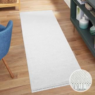 carpet city Teppich-Läufer Kurzflor Flur - Weiß - 80x300 cm - Teppiche Fransen Boho-Style - Einfarbig - Schlafzimmer, Wohnzimmer