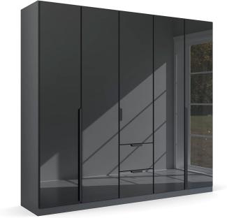 Kleiderschrank Drehtürenschrank Modern | 5-türig | mit Schubkästen | grau metallic / Glas basalt | 226x210