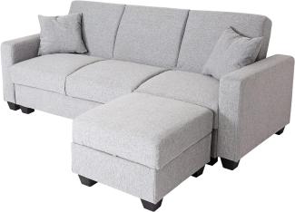 Sofa HWC-H47 mit Ottomane, Couch Sofa Gästebett, Schlaffunktion Stauraum 217x145cm ~ Stoff/Textil hellgrau