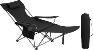 WOLTU Campingstuhl klappbarer Angelstuhl ultraleichter Stuhl Liegestuhl mit Lehne Fußstütze Getränkehalter Aufbewahrungstasche Sonnenstuhl belastbar 150 kg Faltstuhl aus Oxford-Gewebe Schwarz