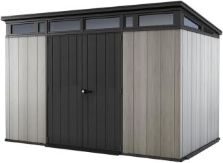 Keter Artisan 11x7 Gerätehaus – Wetterfestes Gartenhaus mit Boden, Pultdach, Doppeltüren & Fenster, Ideal für Outdoor-Aufbewahrung, 342x218x226cm, 13,7 m³, grau