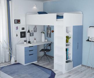 Polini Kids Funktions-Hochbett weiß/blau, inkl.Kleiderschrank und Schreibtisch
