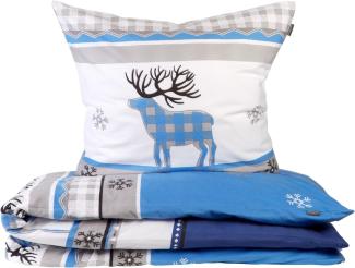 Schiesser Feinbiber Bettwäsche Set Verda aus weicher, wärmender Baumwolle, Farbe:Blau und Grau, Größe:155 cm x 220 cm