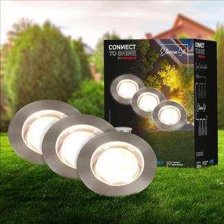 BRILONER - Connect to Shine 12V Gartensystem 3er Set LED Bodeneinbaustrahler, Erweiterungsset, IP67, warmweißes Licht, Gartenbeleuchtung, Bodeneinbauleuchten, 45x 25mm, Silberfarbig