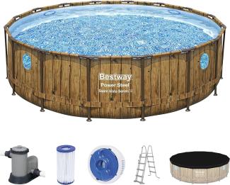 Power Steel™ Swim Vista Series™ Frame Pool Komplett-Set mit Filterpumpe Ø 488 x 122 cm, Holz-Optik (Pinie), rund