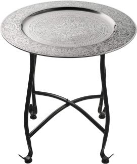 Marokkanischer Tisch Beistelltisch aus Metall Sule ø 40cm rund | Orientalischer runder Teetisch klein mit klappbaren Gestell in Schwarz | Das Tablett Diese Klapptische ist orientalisch in Silber